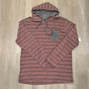 ODA Mens Striped Hooded Shirt Size Large Red/Gray Y2K Skater Streetwear